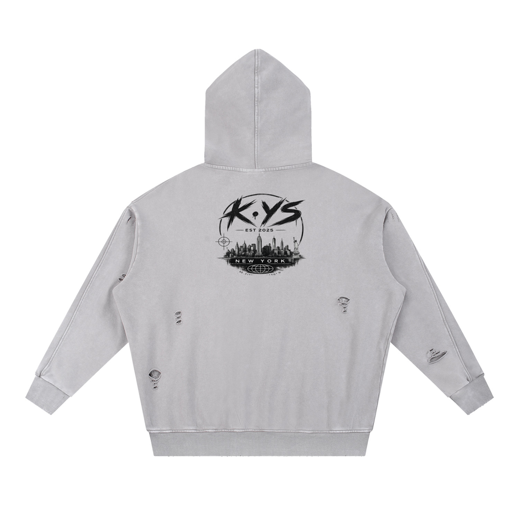 K.YS New York Snow Washed Distressed Panel Pocket Hoodie